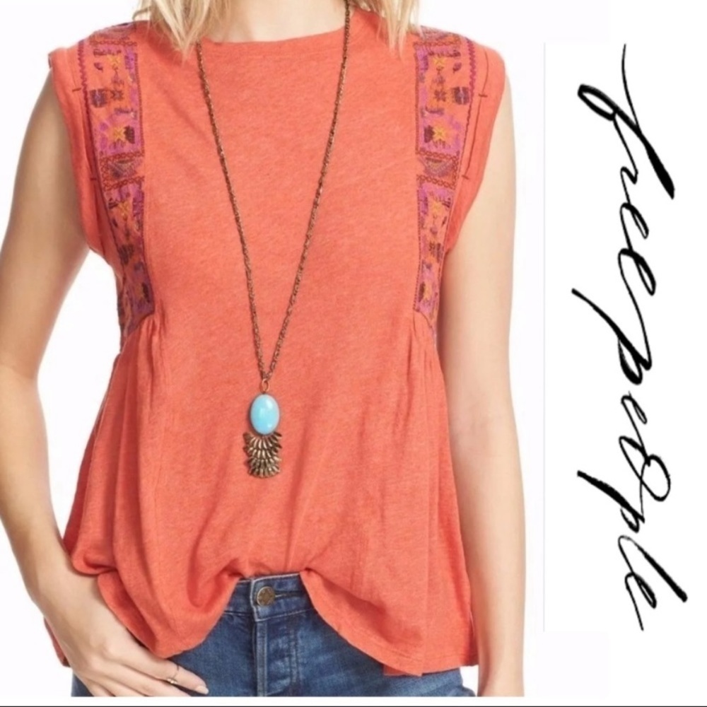 Free People Marcy Orange Embroidered Boho Peplum Tank Top XS